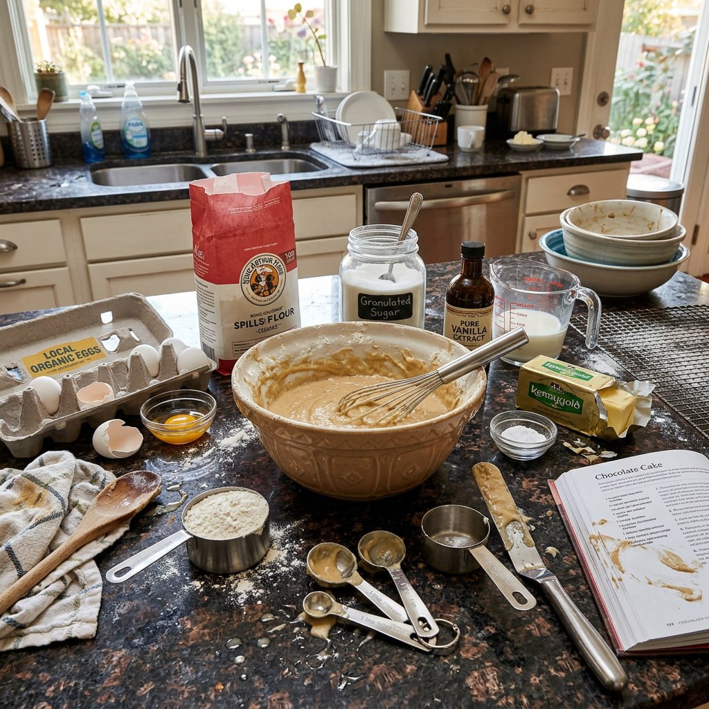 Baking ingredients - bowl of batter, eggs, flour, sugar, measuring cup of milk