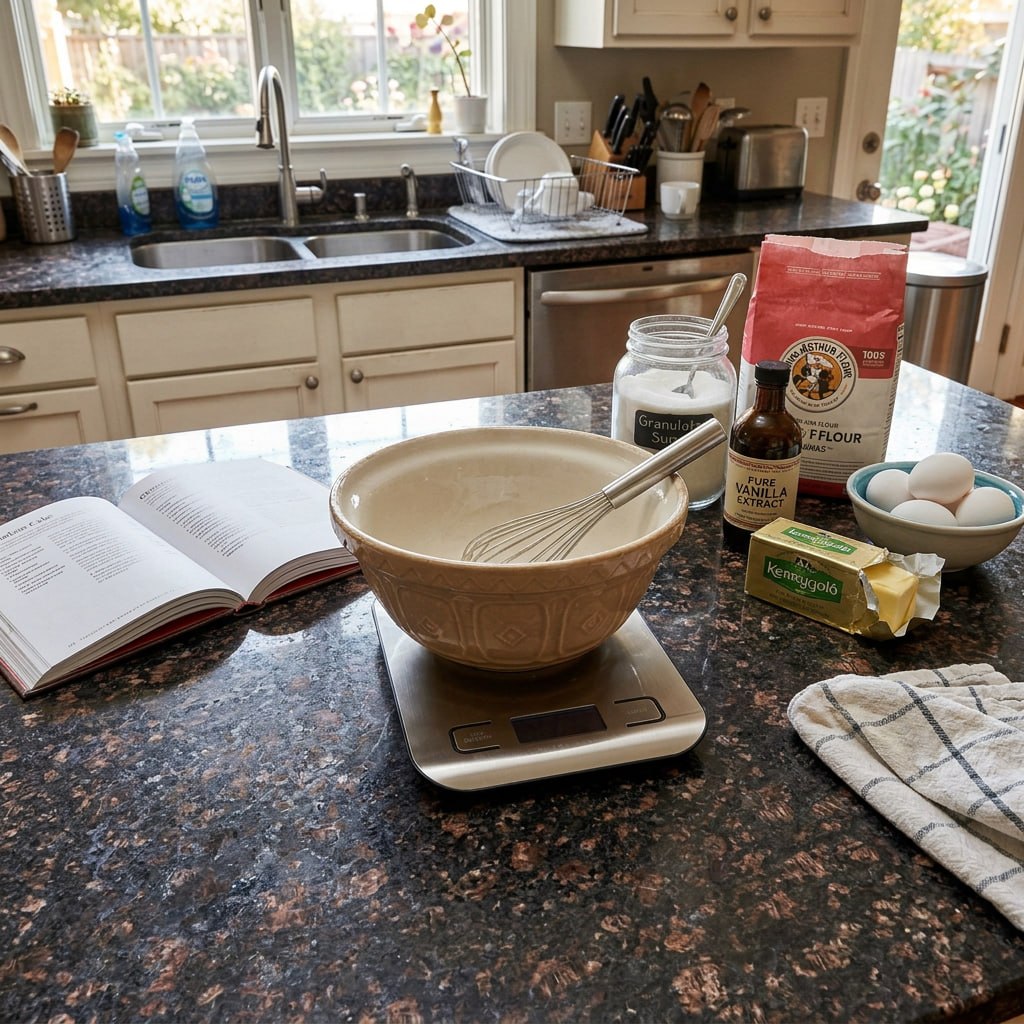 Baking ingredients on counter - flour, sugar, butter, eggs