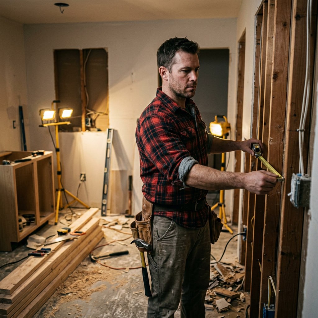 Man measuring wall frame during renovation